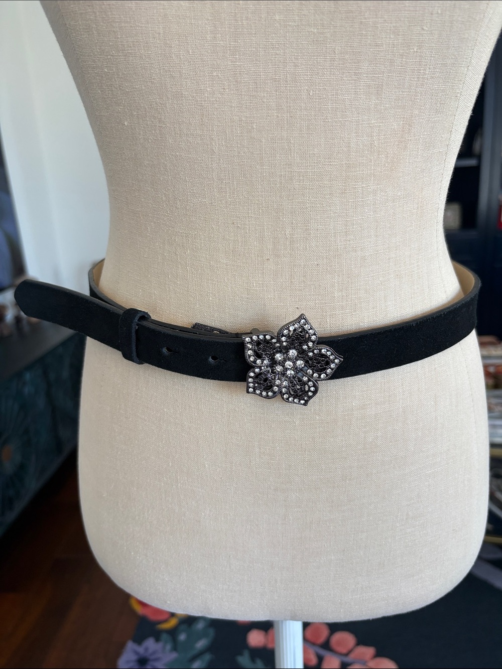 Black Leather Belt with Jeweled flower size S